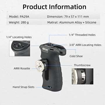 Nitze Ergonomic Side Handle with ARRI Rosette, Up and Down Adjustable Left/Right Side Handle for Cam...