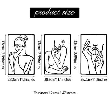 CHENGU Metal Minimalist Abstract Woman Wall Art (Black, 3 Pieces, Hand) for Kitchen Decor