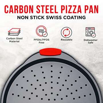 Pizza Tray – 2 Round with Silicone Handles – Carbon Steel Pizza Pan with Holes and Non-Stick Coa...