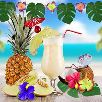 60Pcs Tropical Party Decorations Supplies Tropical Palm Leaves Hibiscus Flowers Simulation Artificia...