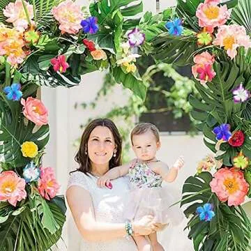 Tropical Party Decorations Set: Leaves & Hibiscus Flowers