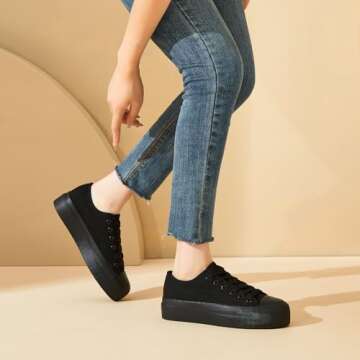hash bubbie Platform Sneakers for Women White Platform Shoes Low Top Tennis Shoes Non Slip Black Fashion Canvas Sneakers(Full Black.US9)