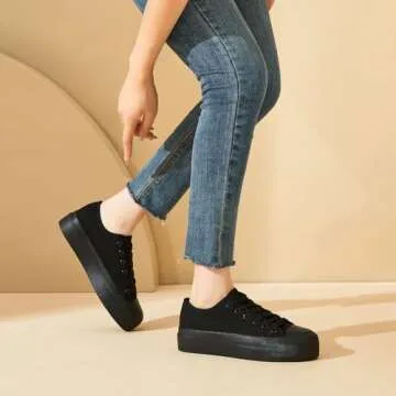 hash bubbie Platform Sneakers for Women White Platform Shoes Low Top Tennis Shoes Non Slip Black Fashion Canvas Sneakers(Full Black.US9)