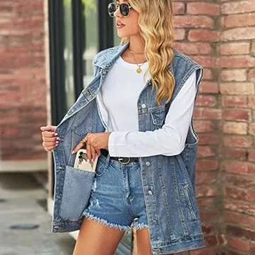 Perbai Women's Oversized Distressed Denim Vest with Pockets