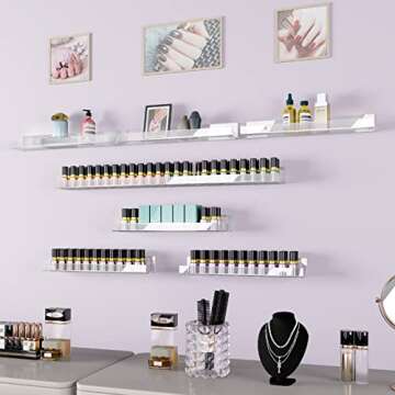 RORKIM 4 Pack 15 Inch Clear Acrylic Shelves, Clear Kids Floating Bookshelf for Kids Room, Modern Nail Polish Rack Sunglasses Essential Oil Picture Ledge Display Toy Storage Wall Shelf