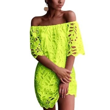 PRETTYGARDEN Women's Summer Off Shoulder Vintage Floral Lace Flare Short Sleeve Loose Elegant Mini D...