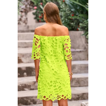 PRETTYGARDEN Women's Summer Off Shoulder Vintage Floral Lace Flare Short Sleeve Loose Elegant Mini Dress (Fluorescent Green,Large)