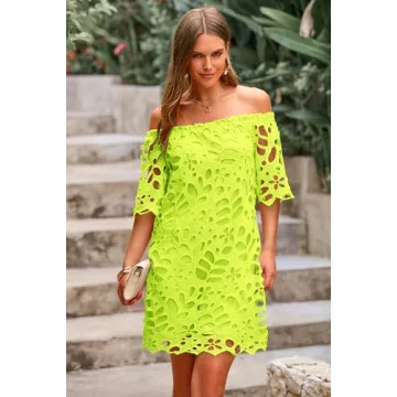 PRETTYGARDEN Women's Summer Off Shoulder Vintage Floral Lace Flare Short Sleeve Loose Elegant Mini Dress (Fluorescent Green,Large)