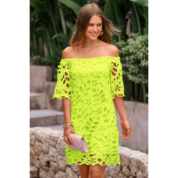 PRETTYGARDEN Women's Summer Off Shoulder Vintage Floral Lace Flare Short Sleeve Loose Elegant Mini Dress (Fluorescent Green,Large)