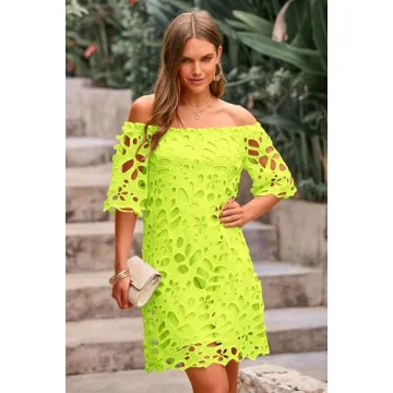 PRETTYGARDEN Women's Summer Off Shoulder Vintage Floral Lace Flare Short Sleeve Loose Elegant Mini Dress (Fluorescent Green,Large)