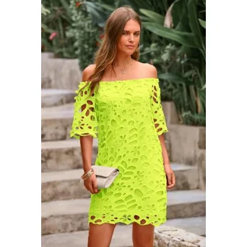 PRETTYGARDEN Women's Summer Off Shoulder Vintage Floral Lace Flare Short Sleeve Loose Elegant Mini Dress (Fluorescent Green,Large)