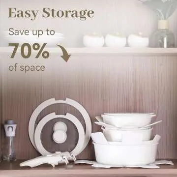 Cuisinluv 15PCS Pots and Pans Set Non Stick, Kitchen Cookware Sets with Detachable Handle, Ceramic Cookware Sets, Non Stick RV Cookware Cooking Set, Dishwasher ＆ Oven Safe, PFOA Free, Cream White