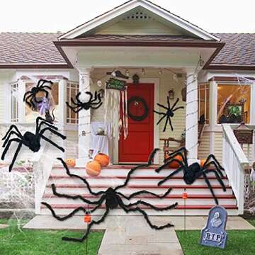ESSENSON Halloween Spider Decorations, 6 PCS Scary Giant Spiders Set, Realistic Red Eyes and Bendabl...