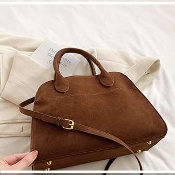 LEVDRO Retro Top-Handle Tote Bag, Suede Tote Bag for Women, Vintage Handle Bag (Brown,Small)
