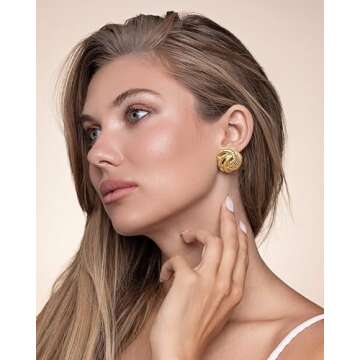 Sngia Gold Button Spiral Statement Earrings for Women, Round Handmade Chunky Trendy Summer Studs Jew...