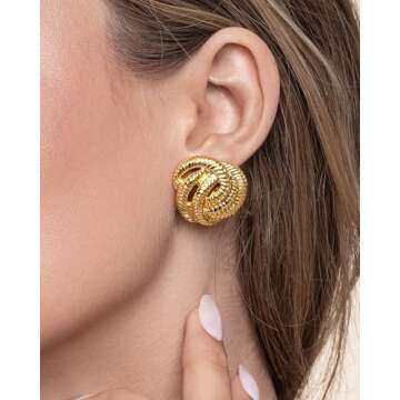 Sngia Gold Button Spiral Statement Earrings for Women, Round Handmade Chunky Trendy Summer Studs Jewelry Gifts, Swirl Thick Beachy Geometric Fashion Drop Accessories, Vintage Twisted Circle Nickle Free Floral Dangling Earrings.