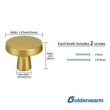 goldenwarm 10 Pack Brushed Brass Cabinet Knobs for Modern Kitchen Hardware Handles Gold Round Drawer...