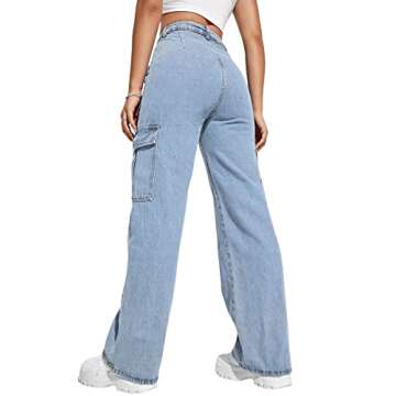 SweatyRocks Women's High Waist Cargo Jeans Flap Pocket Wide Leg Denim Pants Light Wash S