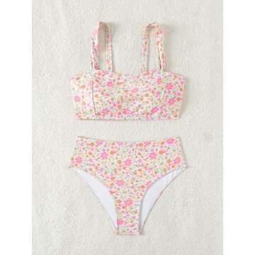 Fanuerg Women's High Waisted Bikini Sets Wide Straps Two Piece Swimsuit Pink Floral Print Bathing Suits S