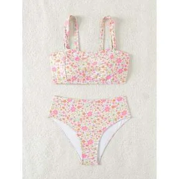 Fanuerg Women's High Waisted Bikini Sets Wide Straps Two Piece Swimsuit Pink Floral Print Bathing Suits S