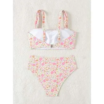 Fanuerg Women's High Waisted Bikini Sets Wide Straps Two Piece Swimsuit Pink Floral Print Bathing Suits S