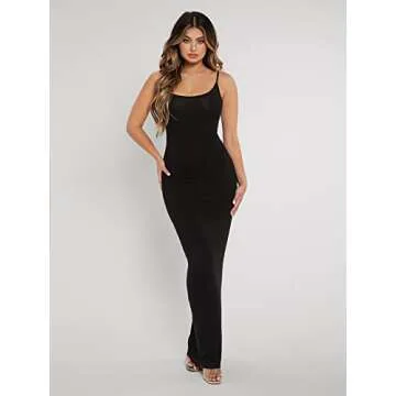 SOLY HUX Women Summer Spaghetti Strap Square Neck Sleeveless Tight Fitted Long Bodycon Maxi Dress Sundresses Black M