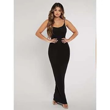 SOLY HUX Women Summer Spaghetti Strap Square Neck Sleeveless Tight Fitted Long Bodycon Maxi Dress Sundresses Black M