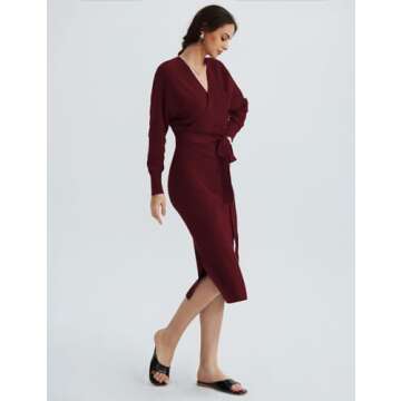 CHERFLY Women's V Neck Sweater Dresses Batwing Long Sleeve Backless Bodycon Long Dress with Belt(Cab...