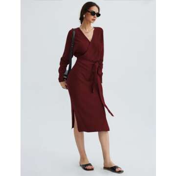 CHERFLY Women's V Neck Sweater Dresses Batwing Long Sleeve Backless Bodycon Long Dress with Belt(Cabernet Red,Medium)