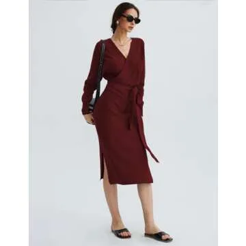 CHERFLY Women's V Neck Sweater Dresses Batwing Long Sleeve Backless Bodycon Long Dress with Belt(Cabernet Red,Medium)