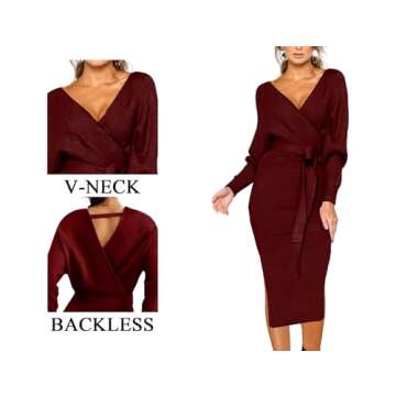CHERFLY Women's V Neck Sweater Dresses Batwing Long Sleeve Backless Bodycon Long Dress with Belt(Cabernet Red,Medium)