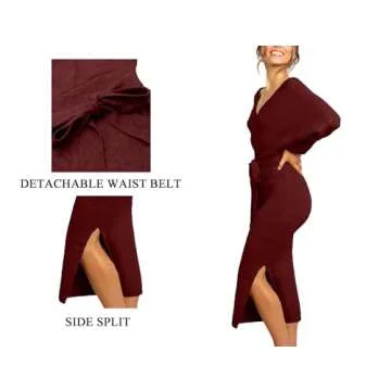 CHERFLY Women's V Neck Sweater Dresses Batwing Long Sleeve Backless Bodycon Long Dress with Belt(Cabernet Red,Medium)
