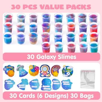 JOYIN 30 Packs Valentines Day Gift Cards with Galaxy Slime Stress Relief Fidget Toy for Kids Party Favor, Classroom Exchange Prizes, Valentine Party Favors, Greeting Cards