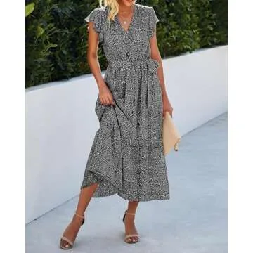 BTFBM Women Summer Bohemian Floral Casual Wrap V Neck Ruffle Cap Sleeveless Belt A-Line Pleated Hem Swing Midi Sun Dress (Black, Small)