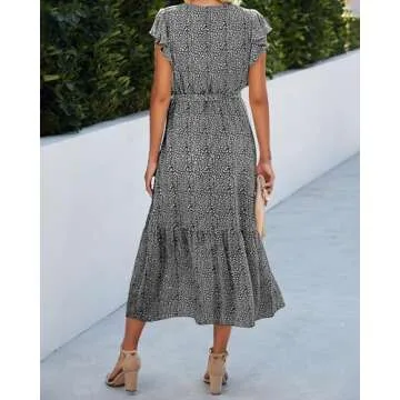 BTFBM Women Summer Bohemian Floral Casual Wrap V Neck Ruffle Cap Sleeveless Belt A-Line Pleated Hem Swing Midi Sun Dress (Black, Small)