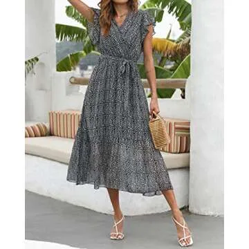 BTFBM Women Summer Bohemian Floral Casual Wrap V Neck Ruffle Cap Sleeveless Belt A-Line Pleated Hem Swing Midi Sun Dress (Black, Small)