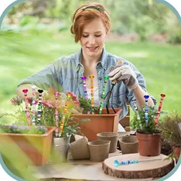 Tigeen 236 Pcs Garden Stake DIY Fairy Wand Plant Stake with 12 Colorful Crystal Stopper Top 12 Threaded Rod with 200 Large Hole Bead for Spring Summer Holiday Outdoor Decorations(Classic)