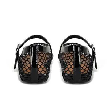 DOEYG Women's Black Mesh Flats, Mary Jane, Comfy Casual Office Summer Ballerina Shoes