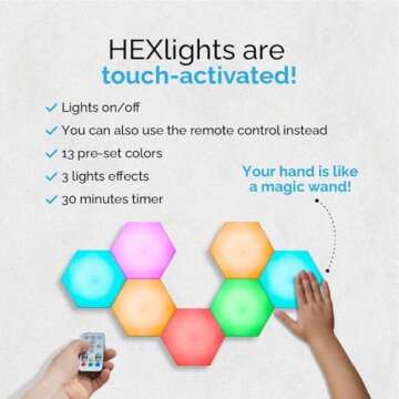 Emberela HEXlights Sensory Lights for Kids - 7pk Touch Hexagon Lights, Remote Controlled Light Tiles - Autism-Friendly Tap Tap Wall Lights for Sensory Room - Table Stand Included