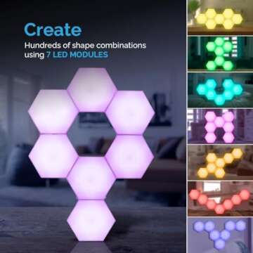 Emberela HEXlights Sensory Lights for Kids - 7pk Touch Hexagon Lights, Remote Controlled Light Tiles - Autism-Friendly Tap Tap Wall Lights for Sensory Room - Table Stand Included