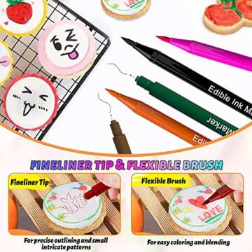 Fanika 12Pcs Edible Markers for Cookie Decorating, Upgrade Double Side Ultra Fine Tip Food Coloring Pens for Cakes Decorating,Fondant,Easter Eggs,Macaron,Frosting - With 3PCS Black Set
