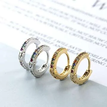 MEIYU Tiny Huggie Hoop Earrings Small Rainbow CZ Multicolored Dainty Hoops Gold Plated
