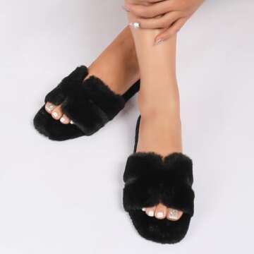 Stratuxx Kaze Womens Fur Slippers Comfy House Slide Sandals Open Toe Memory Foam Indoor Fluffy Slippers for Women