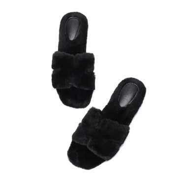 Stratuxx Kaze Womens Fur Slippers Comfy House Slide Sandals Open Toe Memory Foam Indoor Fluffy Slippers for Women