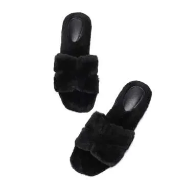 Stratuxx Kaze Womens Fur Slippers Comfy House Slide Sandals Open Toe Memory Foam Indoor Fluffy Slippers for Women