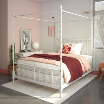 Pemberly Row Parisian Style Metal Canopy Bed Frame in White