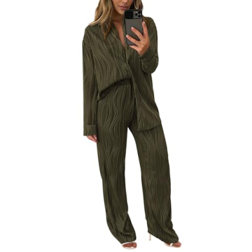 PRETTYGARDEN Women's 2 Piece Textured Sets Casual Button Down Shirt Wide Leg Pants Outfit Loungewear...