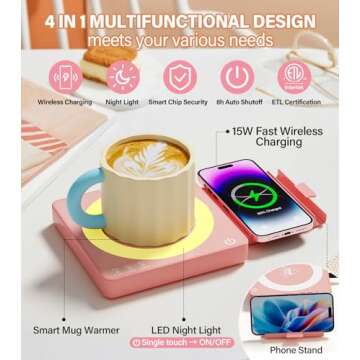 JOWHOL Pink Mug Warmer with 15W Wireless Charging, Coffee Cup Warmer for Desk Auto Shut Off, 3 Temp ...