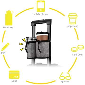 Luggage Cup Holder Travel Essentials Cup Holder, Hands-Free Drink Holder with 2 Coffee Mugs Tightening Drawstring, Accessory for Flying & Travelers - Travel Luggage Accessories by YSCEN (Grey)