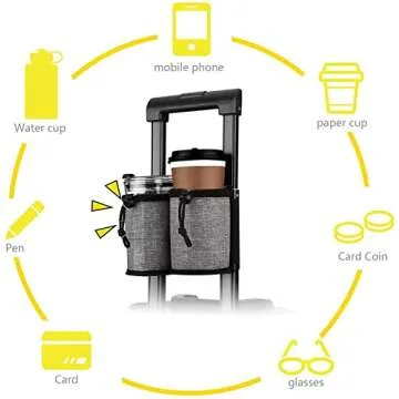 Luggage Cup Holder Travel Essentials Cup Holder, Hands-Free Drink Holder with 2 Coffee Mugs Tightening Drawstring, Accessory for Flying & Travelers - Travel Luggage Accessories by YSCEN (Grey)